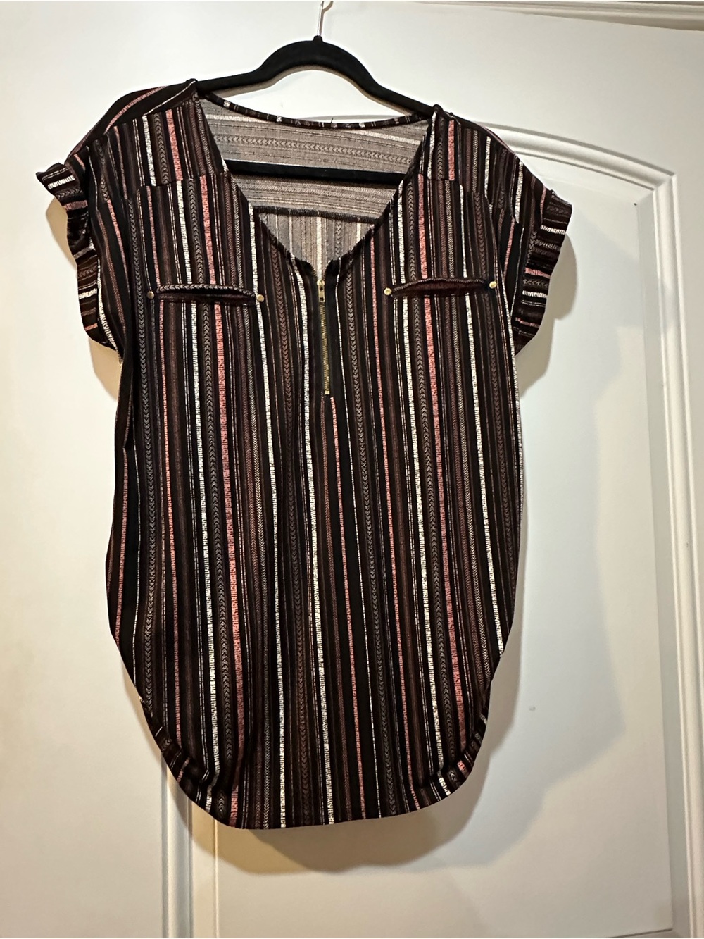 Striped V-Neck Short Sleeve Top with Zip - Black & Pink